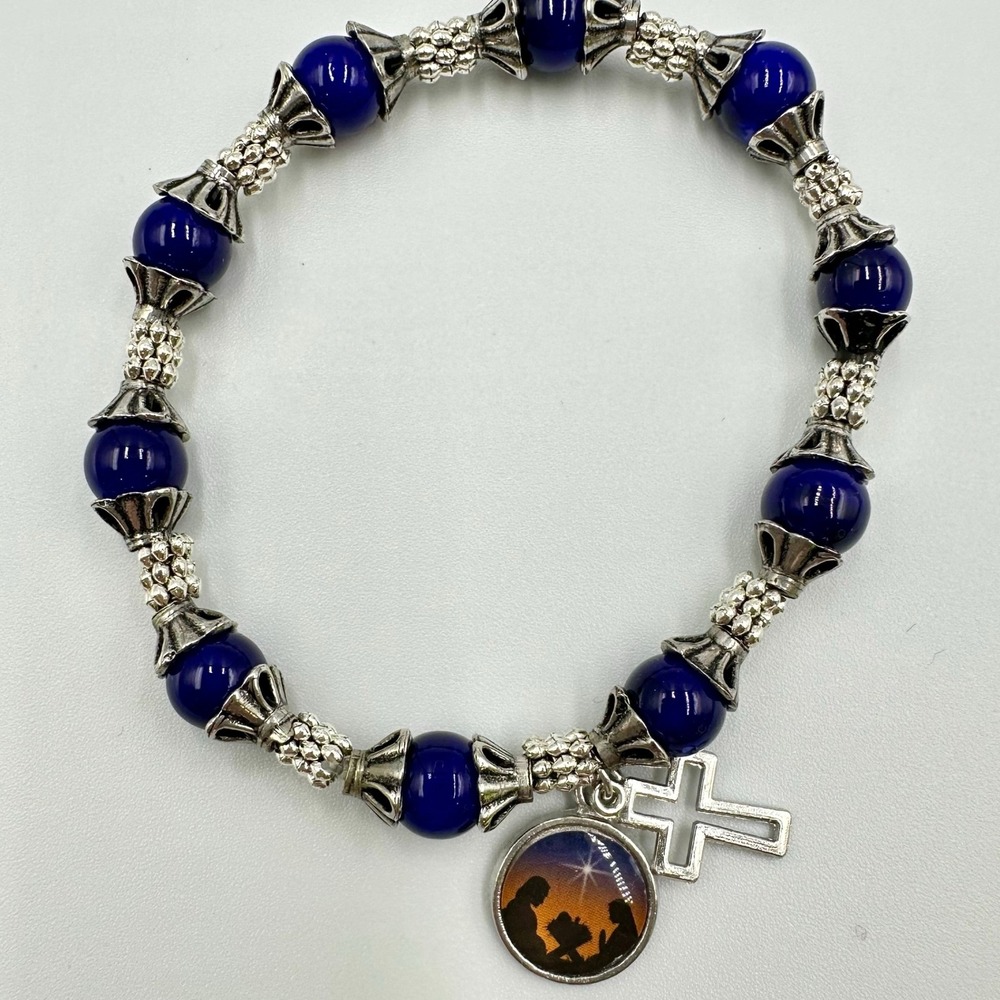 Nativity Cross Beaded Stretch Bracelet Blue Glass Silver Charm Relgious